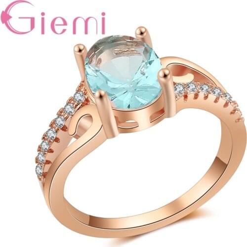 Best Sale Elegant Rose Gold Blue Zircon Oval Shape Women Classic Ring For Girl Best Select Girls Valentines Day Gift