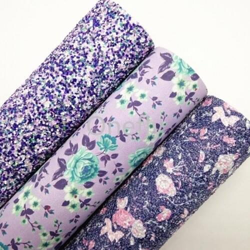 Onefly 21x29cm Flowers Printed Glitter Fabirc, Purple Chunky Glitter Fabirc, Faux Fabric Sheets For Bow DIY handbags shoes DQ033