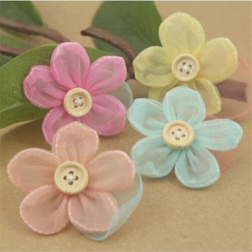 Wholesale 50PCS Round Wooden Button Decorated Lace Chiffon Spring Flowers with Leaf Fit for Toddler Girls Hair Jewelry Headband