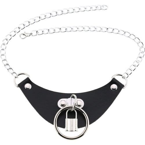 DIEZI 16 Colors Statement Collar Jewelry Gothic Harajuku PU Leather Necklace Women Circle Lock Chain Choker Pendant Necklaces
