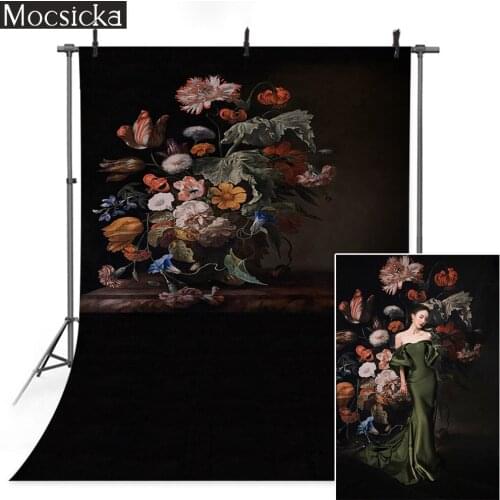 Retro Flower Portrait Black Backdrop Photography Vintage Floral Wedding Bridal Shower Background Photo Shoot Birthday Art Studio