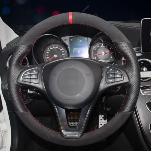Hand-stitched Black Suede Genuine Leather Anti-slip Comfortable Car Steering Wheel Cover for Mercedes-Benz A-Class 2013-2015