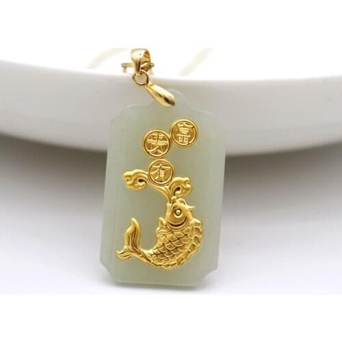 Hetian White Jade Necklace Natural Nephrite 24K Gold Fugui Yuyu Fish Pendants For Men Women Couple Fine Jewelry