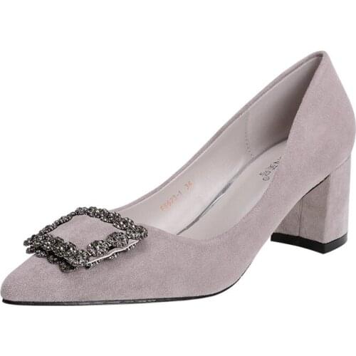 Women pumps Flock Thick with Pointed Suede Wild Party deduction black High heels Shallow mouth women shoes