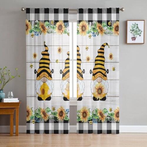 Bee Dwarf Sunflower Plaid Window Treatment Tulle Modern Sheer Curtains for Kitchen Living Room the Bedroom Curtains Decoration