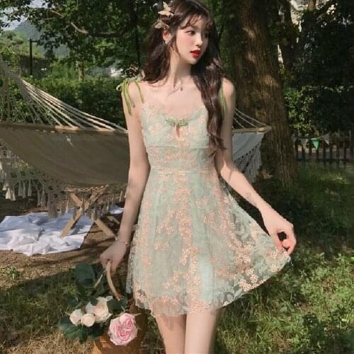 Japanese Summer Dress Baby Doll For Women Green Floral Embroidery Fairy Mini Dresses Kawaii Sweet Korean Spaghetti Strap Dresses
