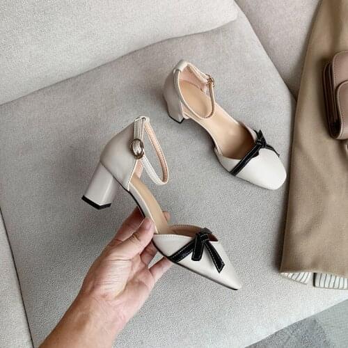 YMECHIC Elegant Ladies High Heel Shoes Sewing Knot Design Pink Beige Block Heels Ladies Pumps Summer Daily Ankle Buckle Shoe 43