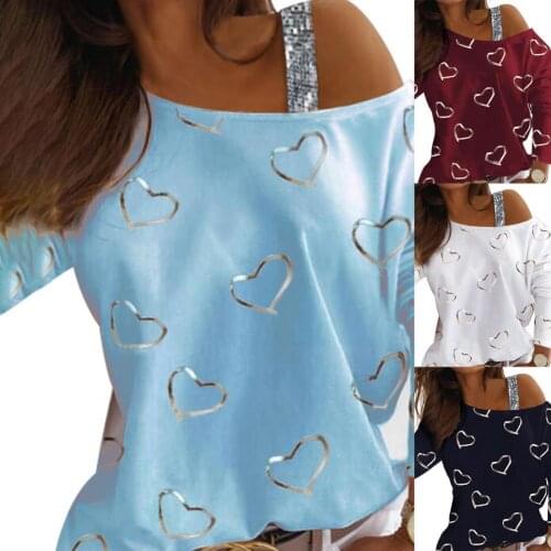 Women Blouse Long Sleeve Heart Shape Print Gold Stamping Shiny Sequins One Shoulder T-shirt Pullover for Spring Womens Clothing
