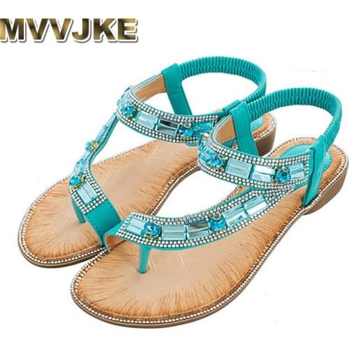 MVVJKE Ladies Summer Shoes Bohemian Style Blue Red Fashion Sandals Women Lattice Stripe Flat Sole Beach Shoes