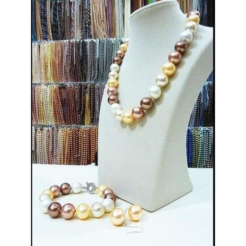 Women Jewelry Set 12-16mm round bead gold brown mixed real natural south sea shell pearl necklace dangle hook earring bracelet