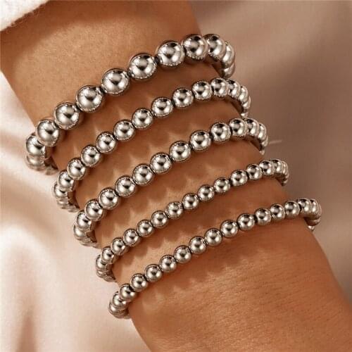 HI MAN 5Pcs/Set French Silver Five-Layer Handmade Beaded Bracelet Women Fashion Temperament Birthday Gift Jewelry