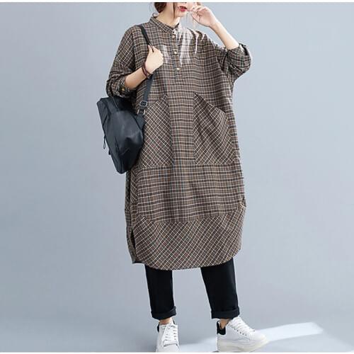 Plus Size 4XL 5XL 6XL Summer Shirt Dress Women 2020 Big Swing Plaid Print Cotton Linen Maxi Dress Oversize Long Sleeve Sundress