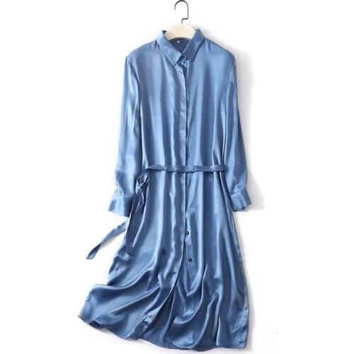 Women Summer Silk Dress Vintage Pink Natural silk dresses Elegant Dress Casual holiday real silk blue/green long shirt dress