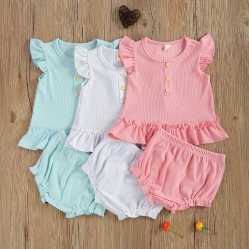 Toddler Baby Girl Vest +Shorts Suit Fresh Solid Fly Sleeve Tops and Ruffles Wrapped Short Pants Cotton Summer Clothings Homewear