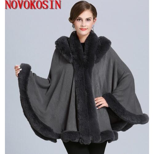 SC360 Winter Cape Thick White Black Coat 2019 Poncho Women Faux Fur Neck Knitted Cloak Plus Size Big Pendulum Dovetail Cardigan