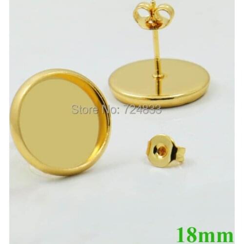 18mm Golden tone Plated Brass Blank Bases Round Bezel Pin Stud Earrings Post w/ Stopper Back Settings Findings Craft Wholesale
