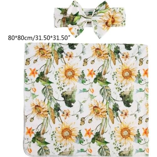 2 Pcs Baby Floral Printed Receiving Blanket Headband Set Sleepsack Swaddle Wrap