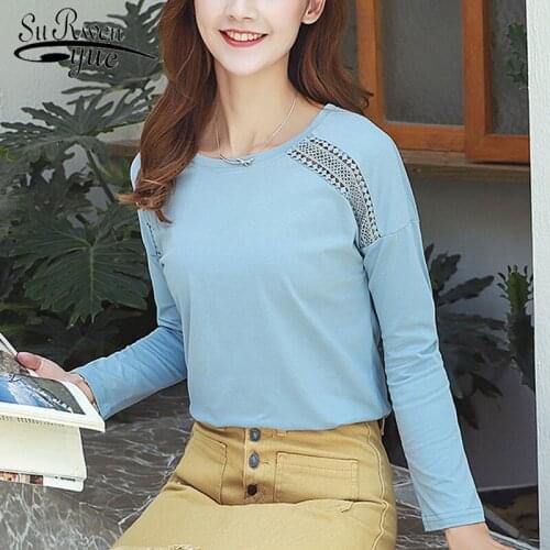 2021 Autumn Cotton Plus Size Woman T-shirt O-neck Long Sleeve Shirt Women Solid Sweet Style Hollow Loose Fashion Clothes 10588