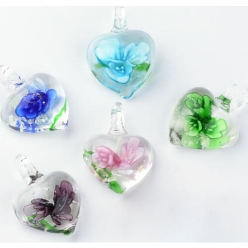 50pcs Handmade Luminous Lampwork Heart Pendants with Inner Flower DIY jewellery Making supplies 27~33x21~23x9~11mm, Hole: 4~7mm