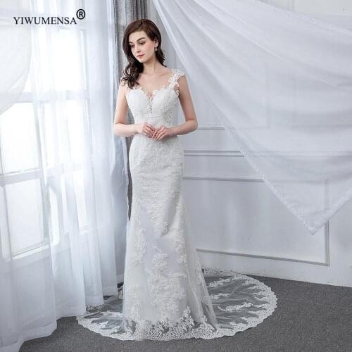 A21 Long Train Mermaid Wedding Dress Sexy V Neck Simple Lace Appliques Bridal Dresses Plus Size Robe De Mariee Backless Gown