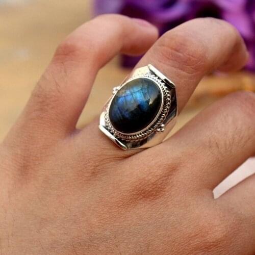 Large Antique Jewelry 925 Sterling Silver Natural Gemstone Labradorite Ring Wedding Engagement Rings Size 6 - 10