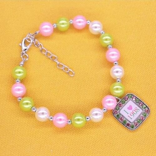 Handmade White Green Pink Pearl I Heart 1908 Sorority Bracelets Societies Jewelry