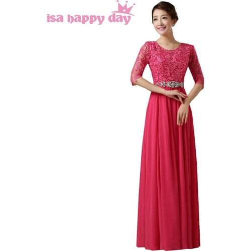 Long semi sexy hot pink formal illusion neckline dresses with sleeves lace and chiffon a line shoulder evening dress H3665