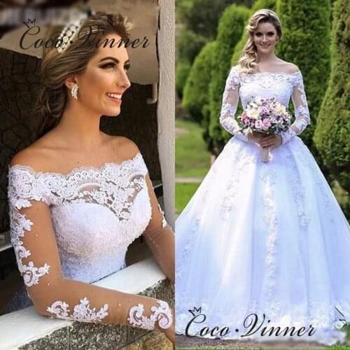 Europe Fashion Elegant A line Wedding Dress Lace Appliques Pearls Beaded Long Sleeves Embroidery Princess Wedding Dresses W0620