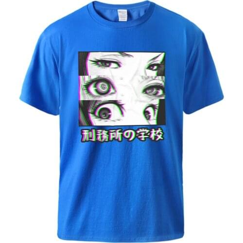 Prison School Eyes Sad Men Tshirts Summer Short Sleeve Cotton Tops 2021 Funky Japan Anime Cartoon Print T shirts Black Tee