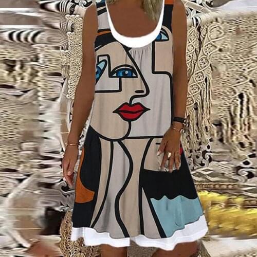 Hillsionly Plus Size Womens Summer Vintage Print Tank Dress Sleeveless Casual Womens Dresses Sexy Dress For Women 2021