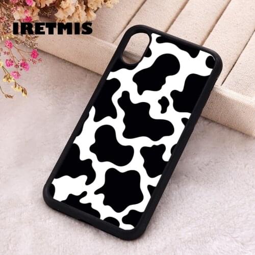 Iretmis 5 5S SE Phone Cover Case for iPhone 6 6S 7 8 Plus X Xs XR 11 12 Mini Pro Max Silicone Cow Skin Print Wild Animal Black