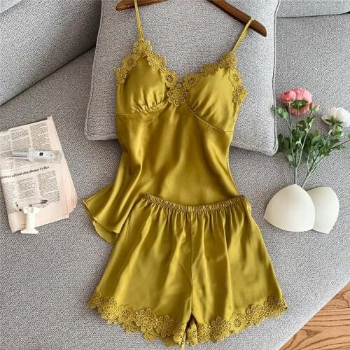 JULYS SONG 2 Piece Women Summer Pajamas Set Stain Silk Top And Shorts Sexy Lace Flower Breathable Summer Short Pants Home Wear