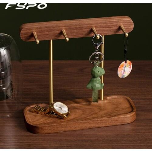 Fypo Wooden Storage Tray Brass Hook Desktop Jewelry Storage Rack Key Hook Earrings Display Rack Creative Home Decoration Table