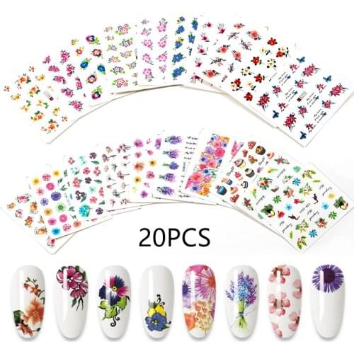 20pcs Water Nail Decal and Sticker Flower Leaf Tree Green Simple Summer Slider DIY Watermark Manicure Decor Nail Art