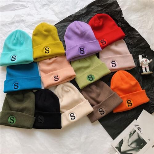 New Wool Knitted Caps Women warm S letter embroidery Skullcap Autumn Winter Brand Female Skullies Crochet Beanies Girl Melon Cap