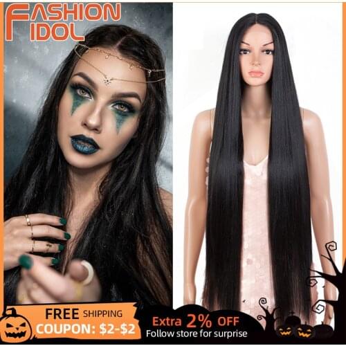 Black Lace Wigs Middle Part Cosplay Long Straight Hair 38 Inches Anime Synthetic Brown Lace Wigs For White Women FASHION IDOL