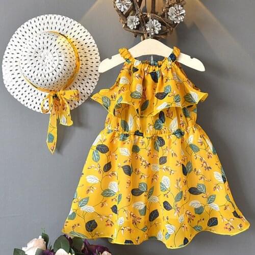 Girls Dresses 2020 Summer New Childrens Clothing Girls Comfortable Chiffon Bohemian Holiday Wind Vest Dress + Hat