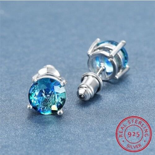 Luxury Female 8mm Round Stud Earrings Charm Tourmaline Sapphire Earrings 100% Real 925 Sterling Silver Earrings For Women