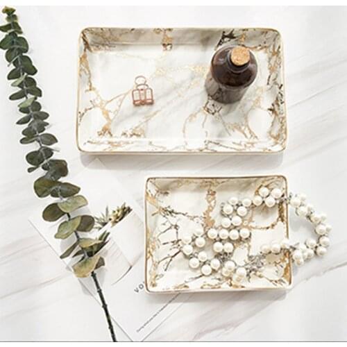 Luxury Marble Texture Ceramic Tray Golden Plate Home Decoration Tray Dessert Fruit Snack Ceramic Plate Jewelry Storage Tray