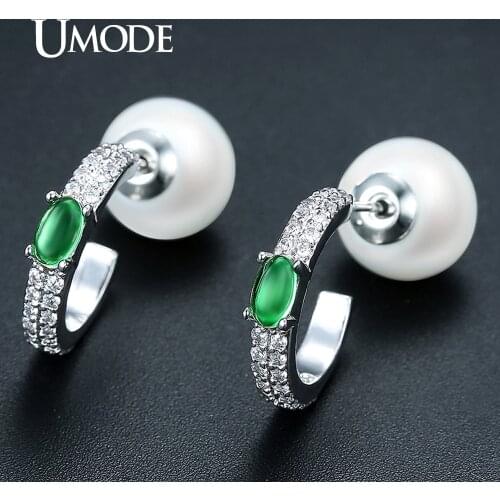 UMODE Fashion Simulated-pearl Round Half Hoop Earrings Jewelry for Women Green Austrian Rhinestone Oorbellen Bijoux Femme UE0337