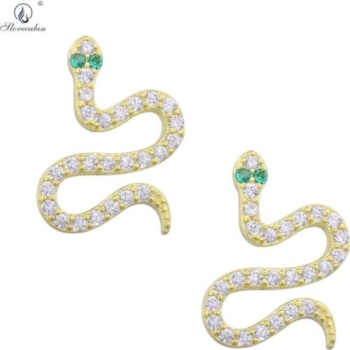 Slovecabin 925 Sterling Silver Punk Rock Snake Green Zircon Eye Stud Earring For Women Party Luxury White Crystal Animal Jewelry