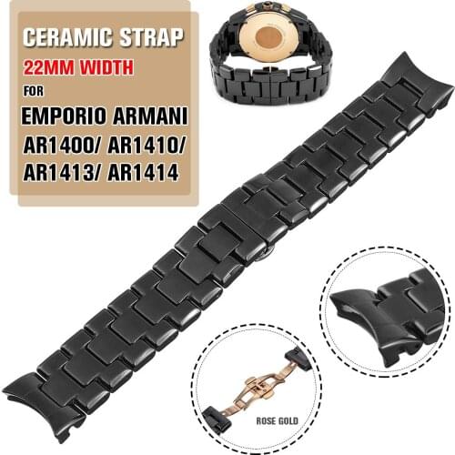 TOP Quality Black Ceramic Strap 22mm Chain Bracelet Strap Watchband For EMPORIO FOR ARMANI AR1400 AR1410 AR1413 AR1414