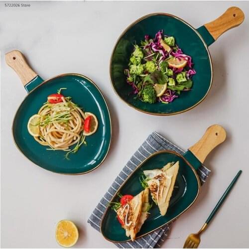Nordic green ceramic dinner plate dessert bowl creative wooden handle salad bowl home ceramic baking dish restaurant tableware