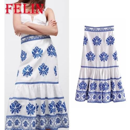 Za 2021 Women Vintage Chic Embroidery Floral Ruffles Midi Skirts High Waist Elastic Stylish Skirts Elegant Mujer Faldas