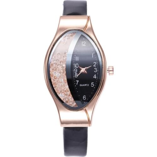 Crea-tive Women Oval Dial Quicksand Decor Analog Faux Leather Quartz Wrist Watch Ladies Dress Watches Gift Luxury