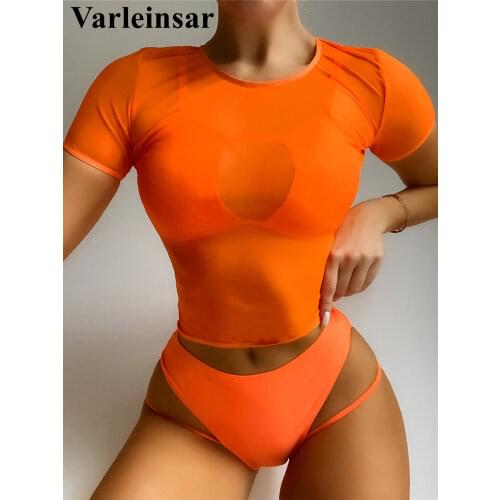 Female Swimsuit High Waist Bikini Women Swimwear Three-pieces Bikini set Short Sleeve Cover Ups Bather Bathing Suit Swim V2988