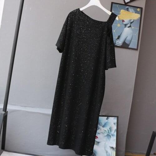 Inclinded Shoulder Solid Black Women Dress Summer New 2021 Shine Straight Sexy Knee-Length Loose Elegant Female Pulls Tops