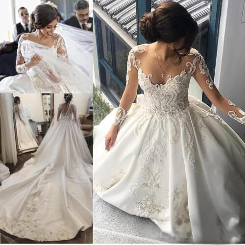 Appliqued Wedding Dress Lace Long Sleeves Buttons Back Beaded Bridal Gowns with Veil Court Train vestido de novia