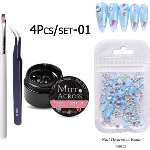 MEET ACROSS 4pcs Nail Kit Sticky Gel Clear Diamond Builder Gel Mermaid Beads Decoration Glue Rhinestones Stick Gel Firm Gel