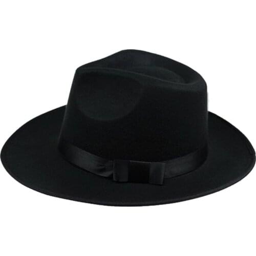 ASDS-Unisex Men Women Hats Caps Panama Fedora Trilby Straight Wide Brim Hard Felt Black